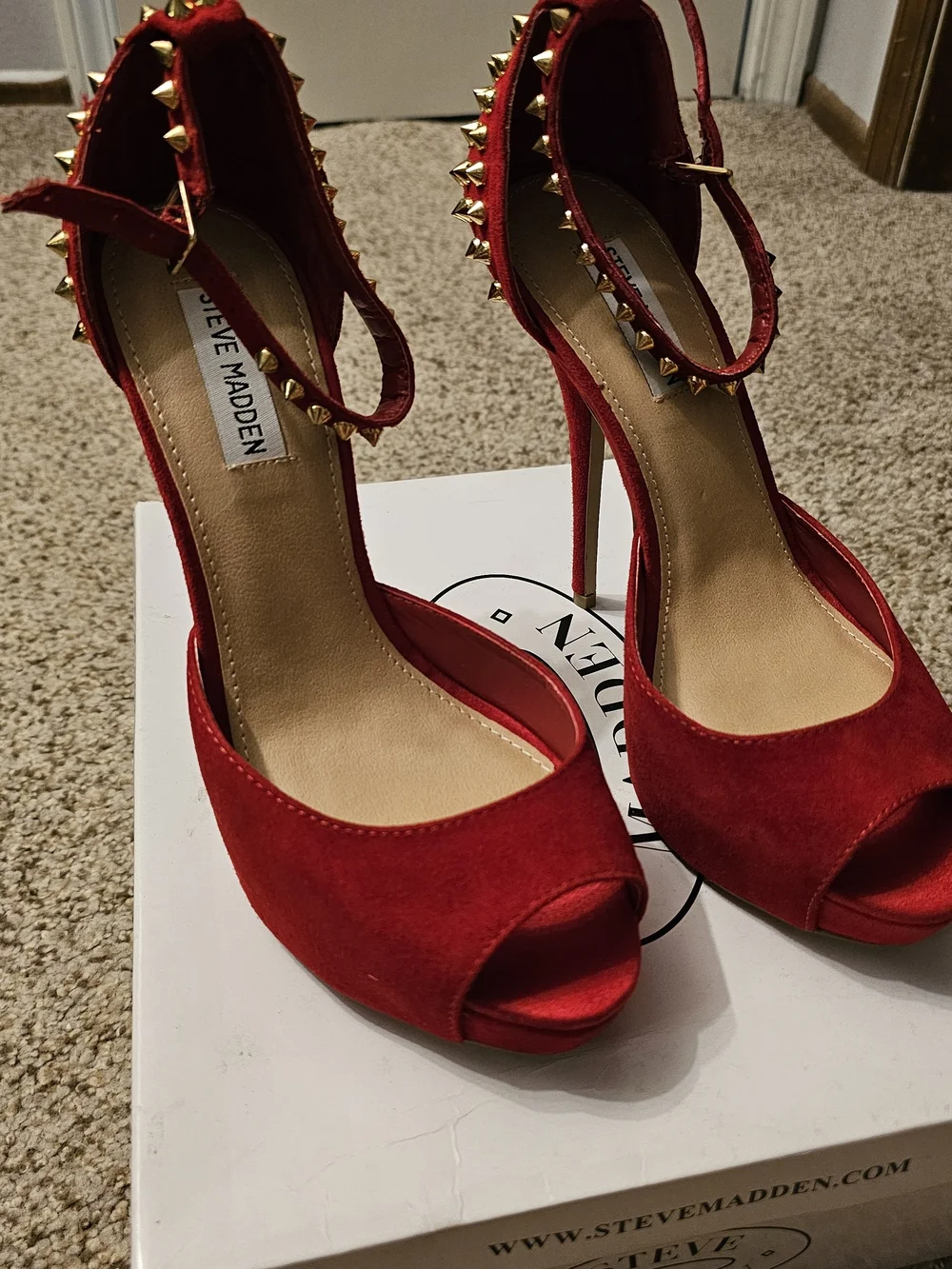 Steve Madden Red Suede Studded Platform Peep-Toe Heels